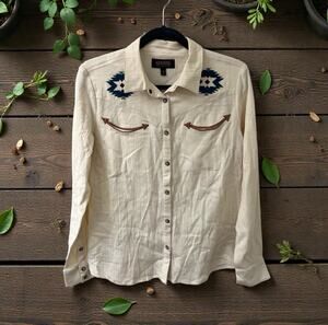 SHYANNE Women’s Pearl Snap Shirt Long Sleeve SIZE Medium Western cream blue NEW